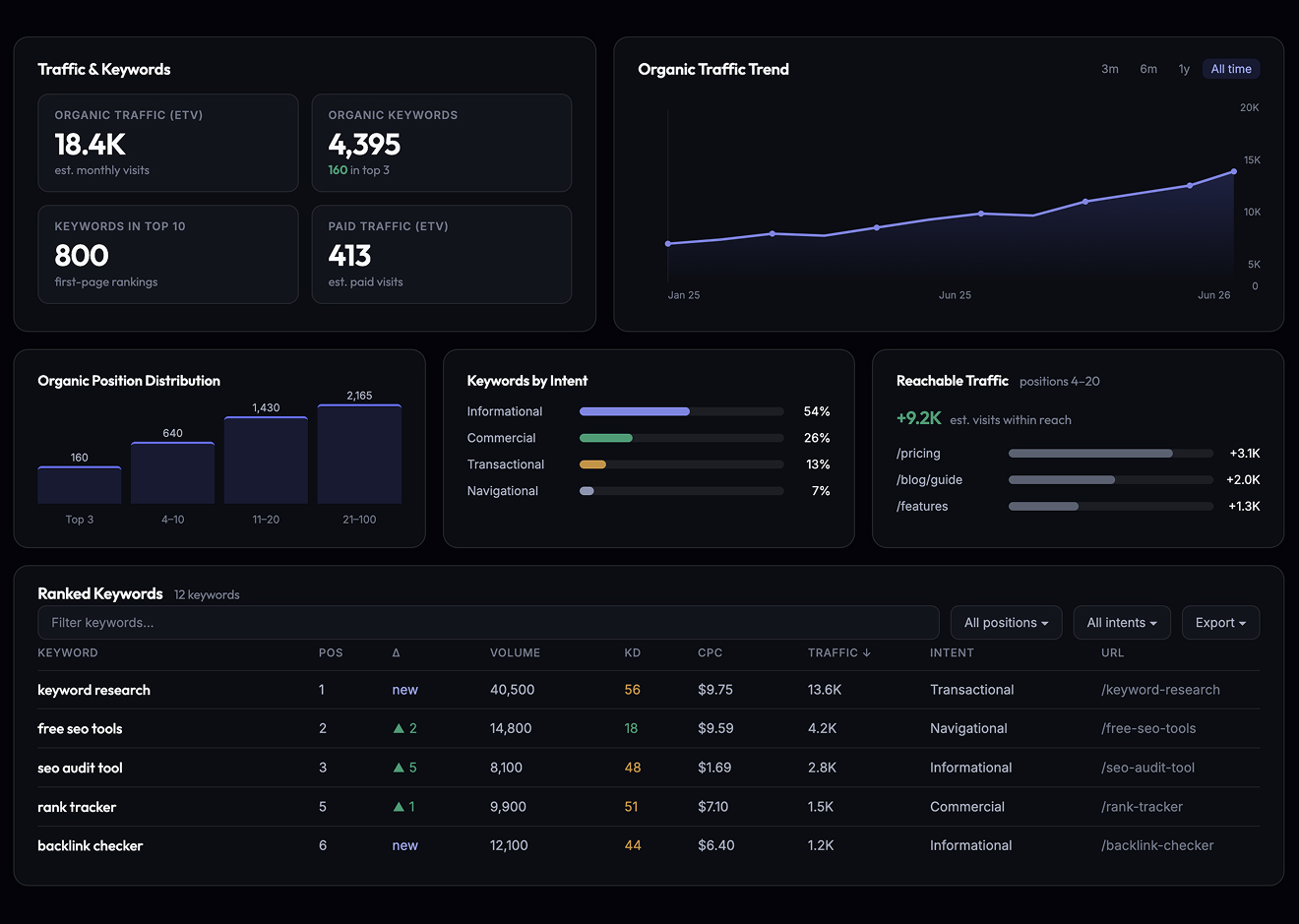 Domain Overview — organic traffic, positions, competitors and backlinks in one dashboard