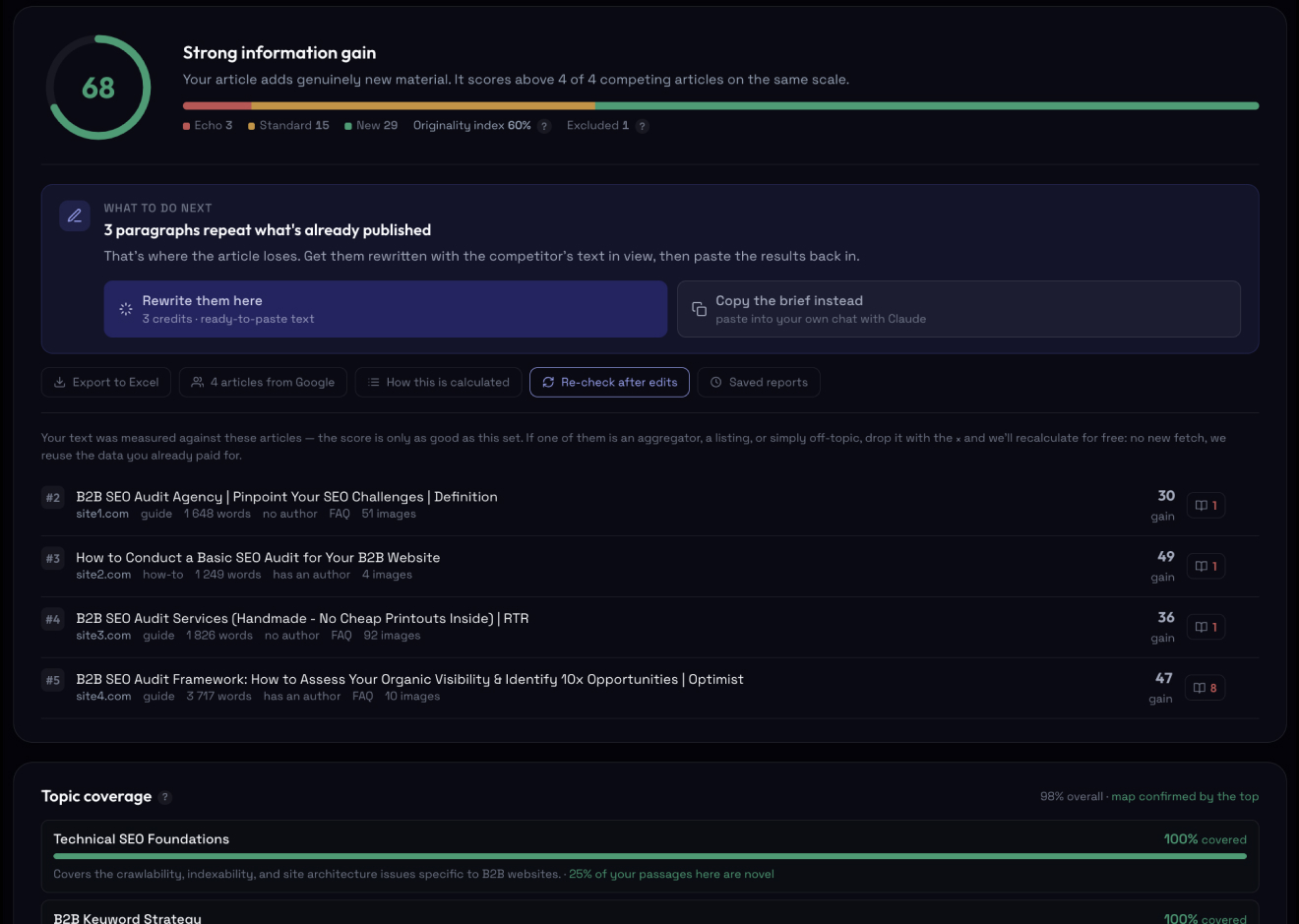 Information Gain & vector analysis — originality index and echo detection