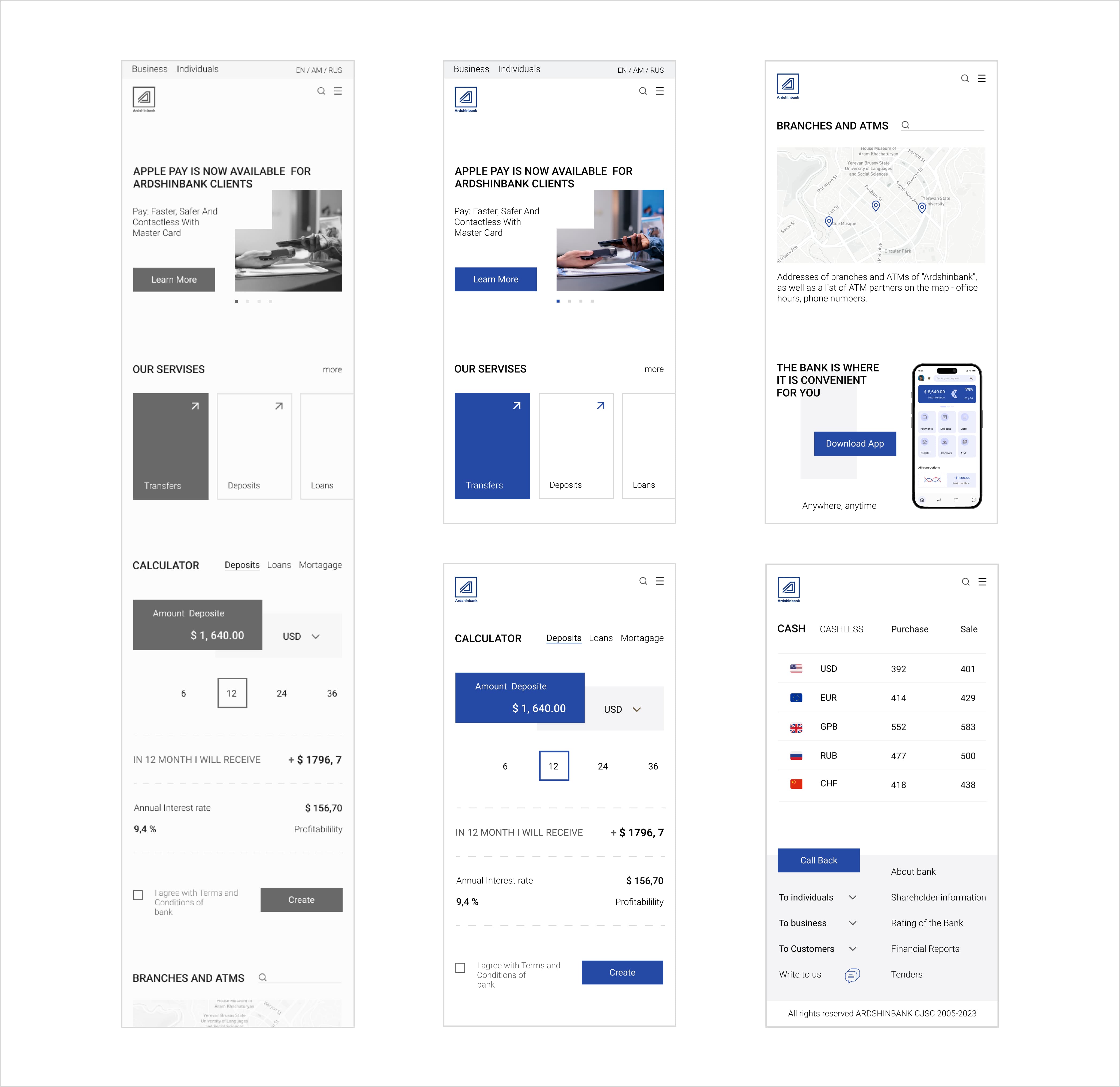 Bank website — mobile screens