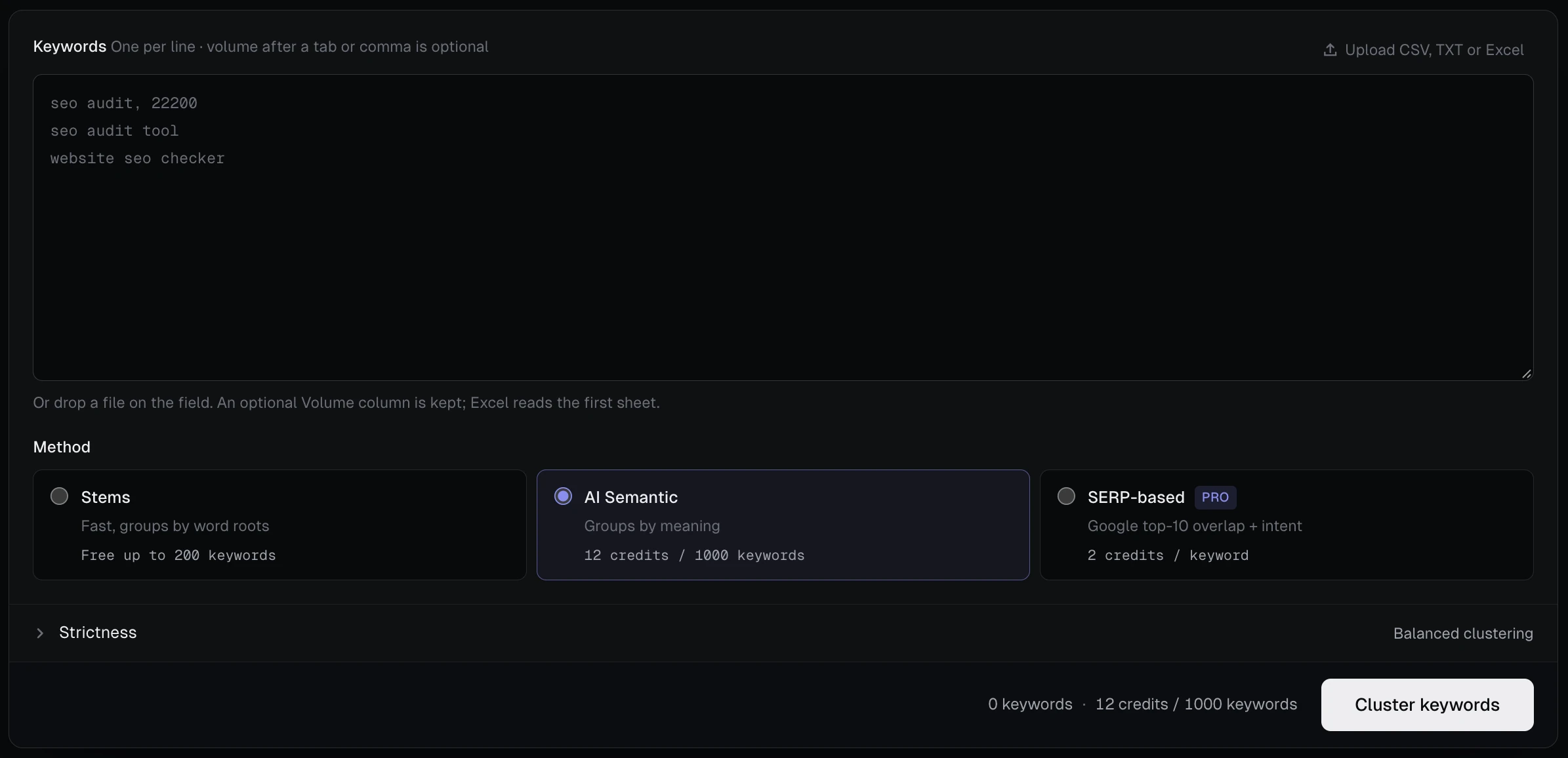 SEO Algorithm — keyword clustering tool